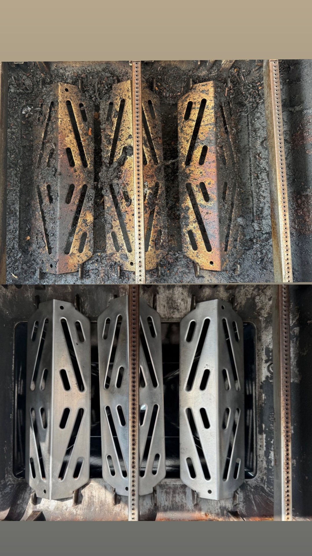 Before & After — flame tamers restored to bare metal