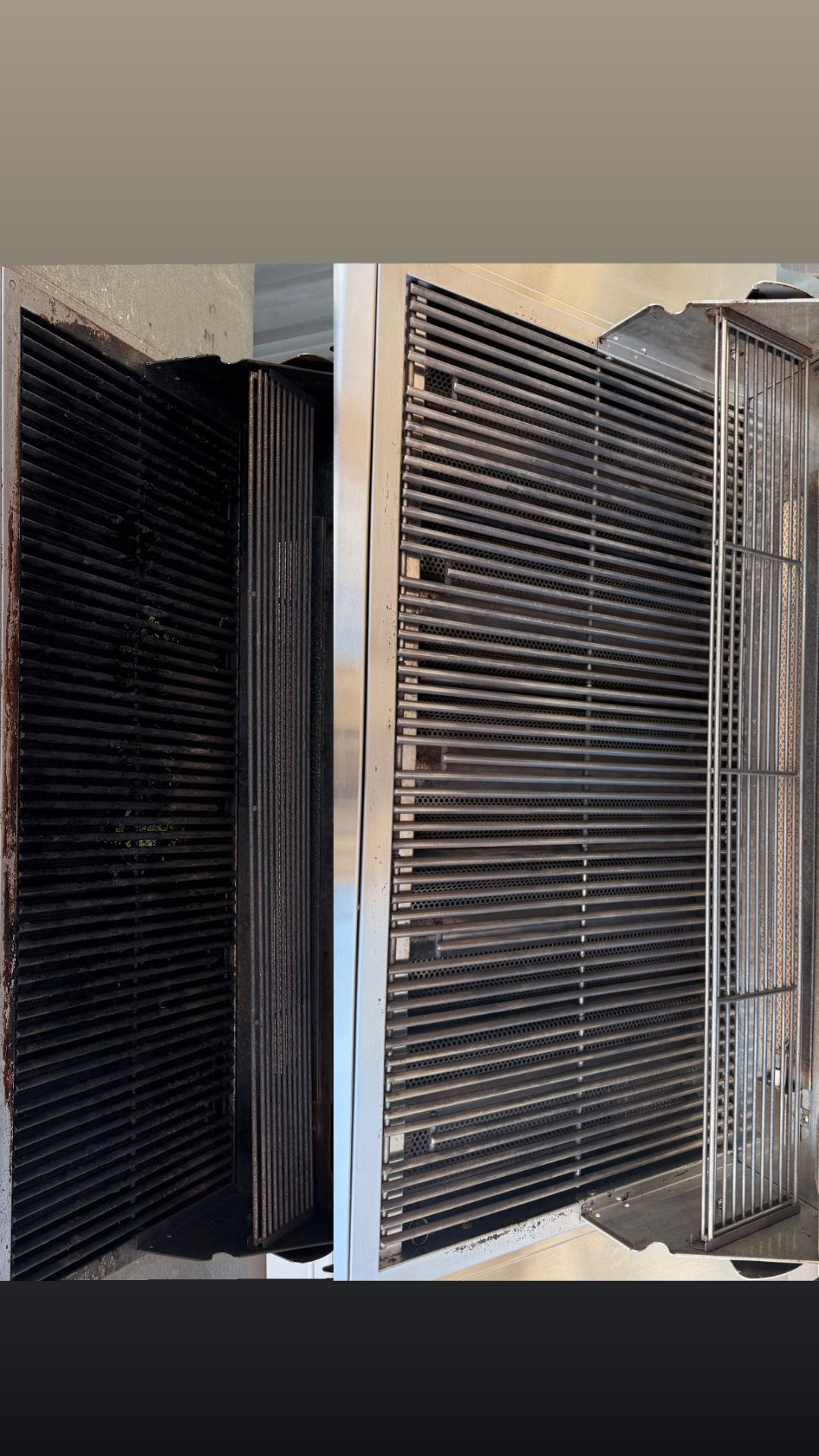 Before & After — heavy carbon buildup removed from grates
